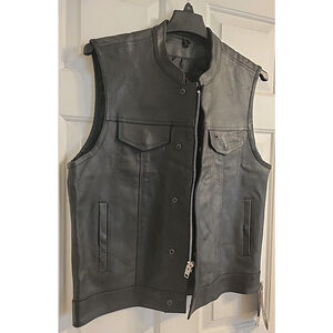Men's Coast 2 Coast Black Leather Motorcycle Club Vest -Concealed Carry Gun Sz M